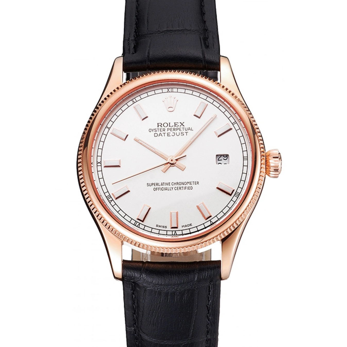 AAA Replica Watches Rose Dial White Leather Case Black Strap Swiss Gold Rolex Datejust 0709